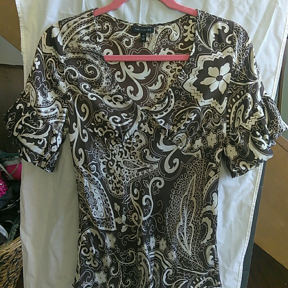 The Limited poof sleeve silk top, XS, brown/cream